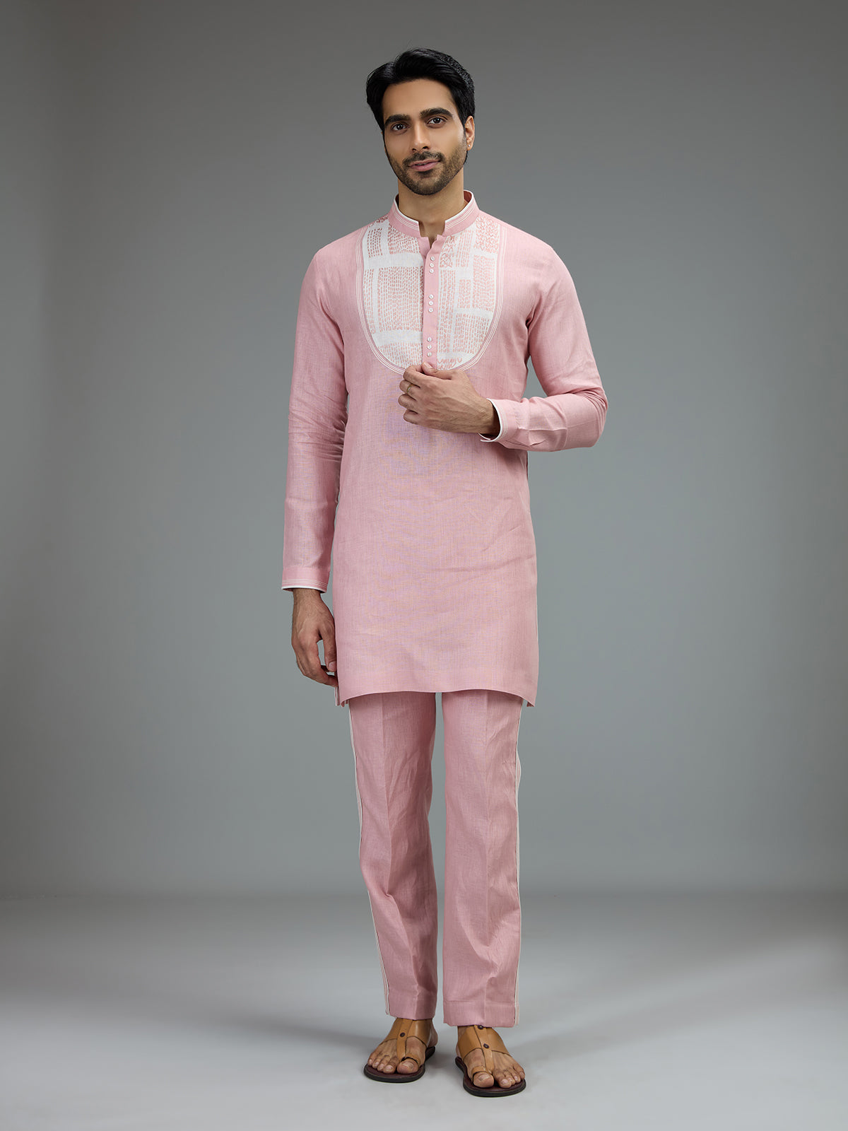 Pink charming mens kurta pajama with embroidered details
