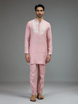 Pink charming mens kurta pajama with embroidered details