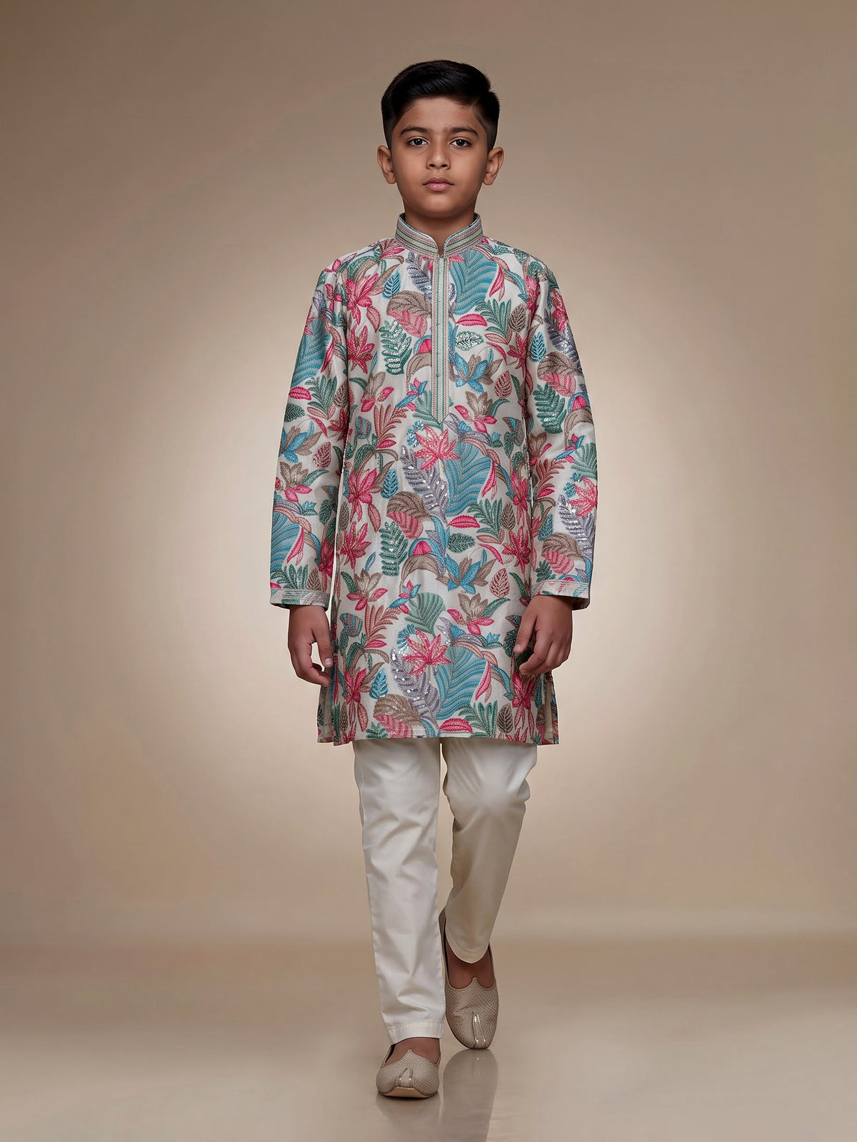 Pastel white boys silk blend kurta suit with floral embellishments