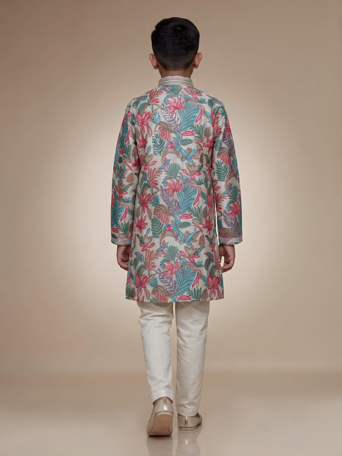 Pastel white boys silk blend kurta suit with floral embellishments