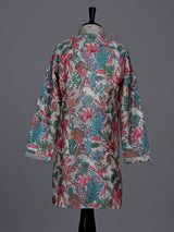 Pastel white boys silk blend kurta suit with floral embellishments