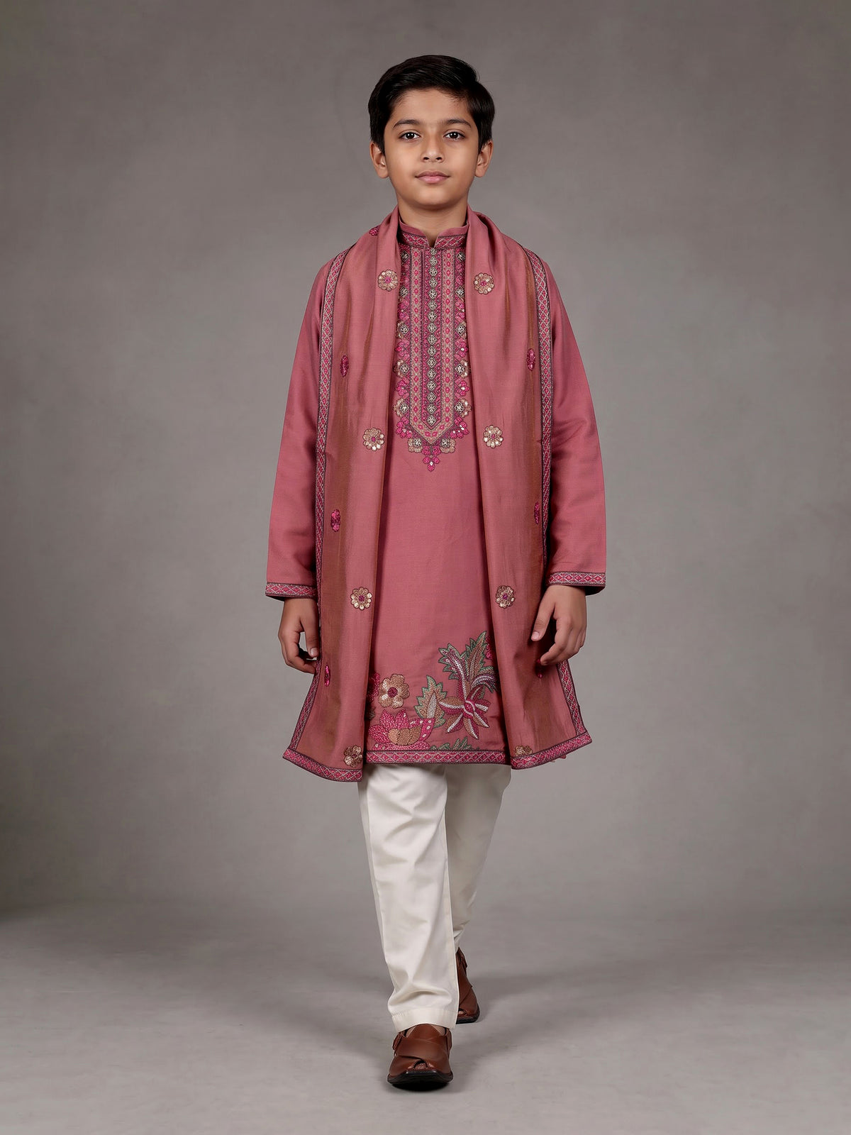 Onion pink boys silk blend kurta suit with floral dupatta