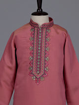 Onion pink boys silk blend kurta suit with floral dupatta