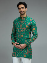 Green vibrant mens kurta pajama in silk blend