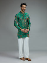 Green vibrant mens kurta pajama in silk blend