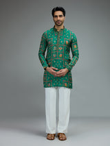 Green vibrant mens kurta pajama in silk blend