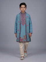 Sky blue boys silk blend kurta suit with floral dupatta