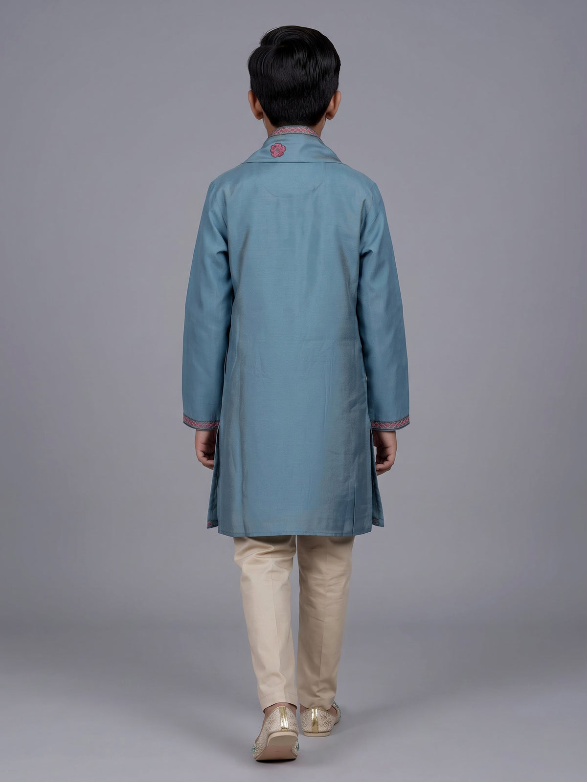 Sky blue boys silk blend kurta suit with floral dupatta