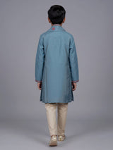 Sky blue boys silk blend kurta suit with floral dupatta