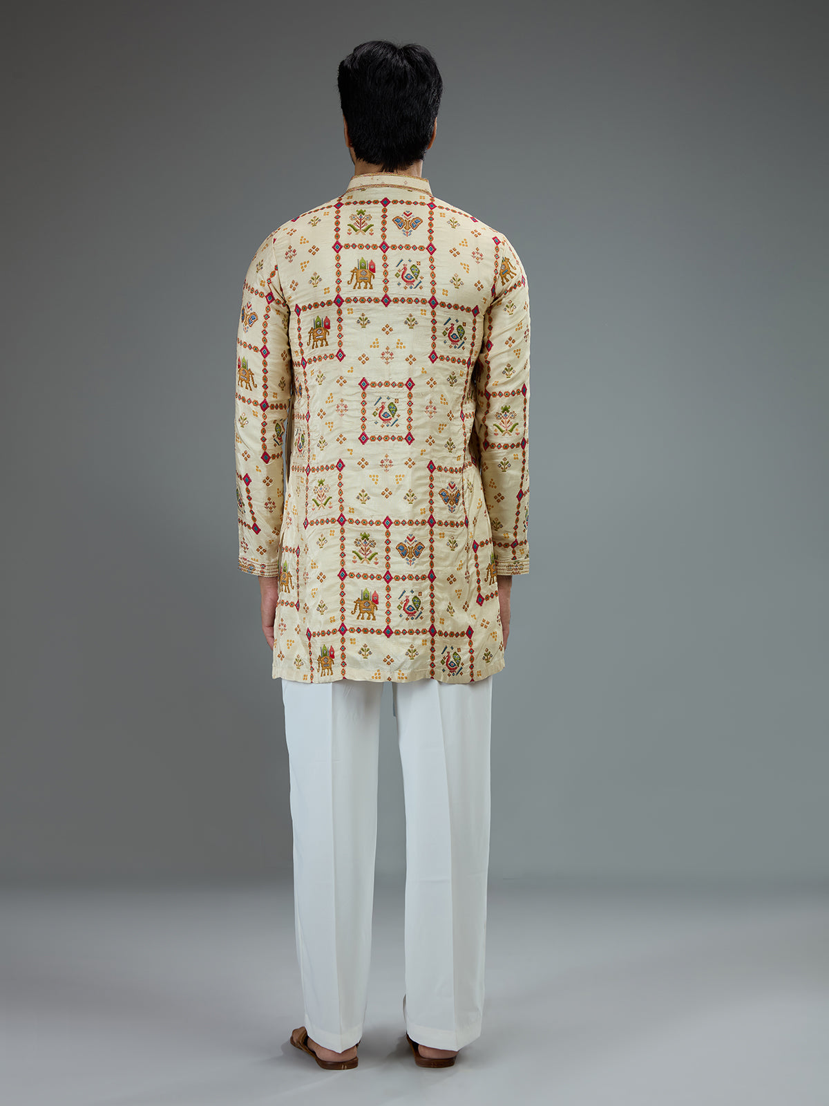 Cream traditional mens kurta pajama with royal prints