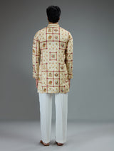 Cream traditional mens kurta pajama with royal prints