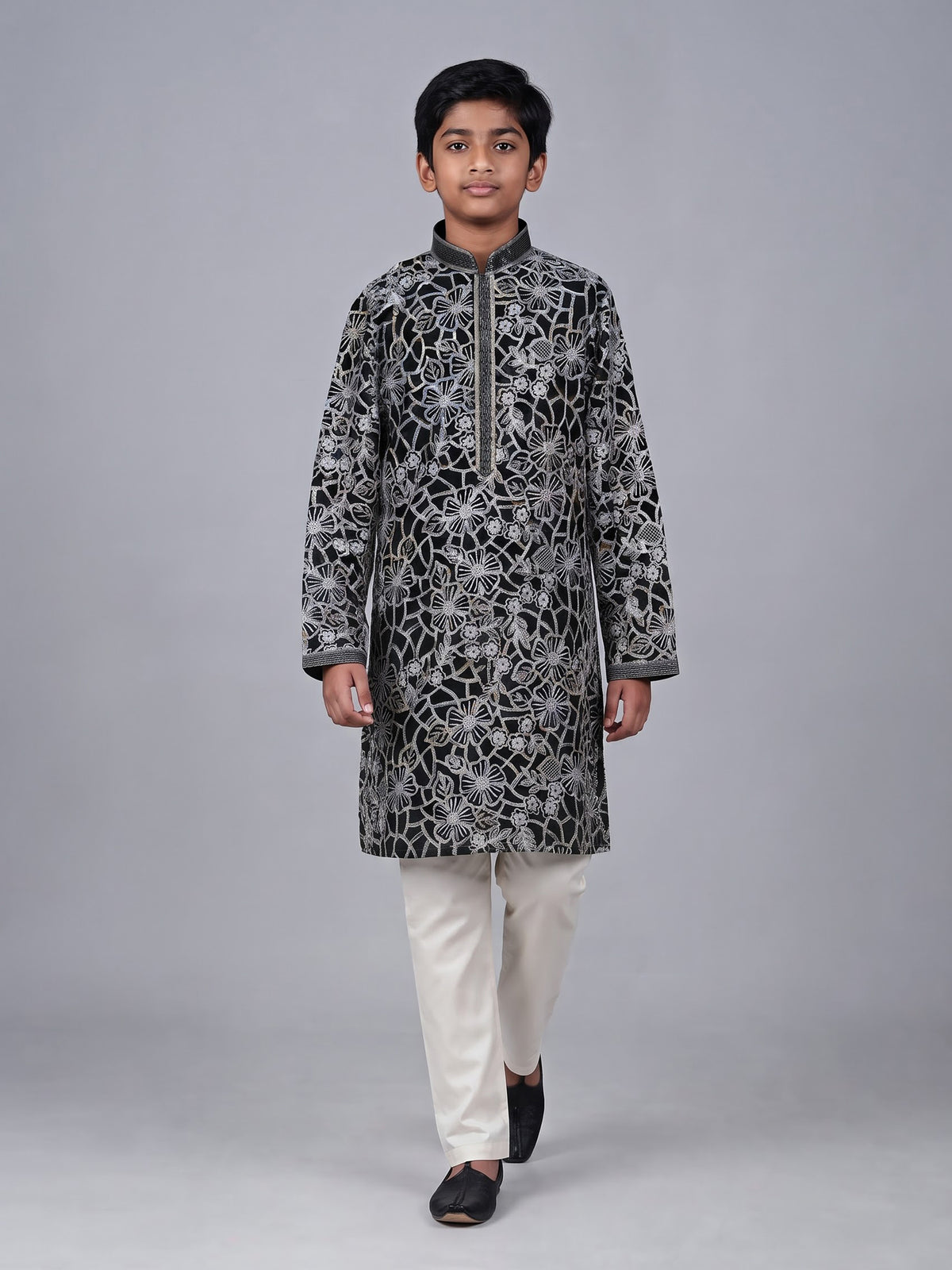 Black boys georgette kurta suit with floral thread and sequins work