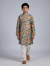 Sage green boys linen silk kurta suit with floral print