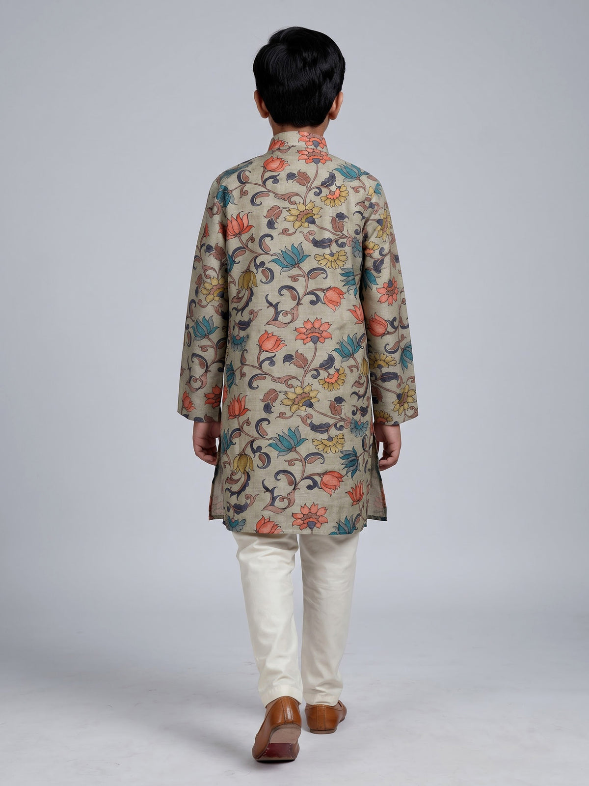 Sage green boys linen silk kurta suit with floral print