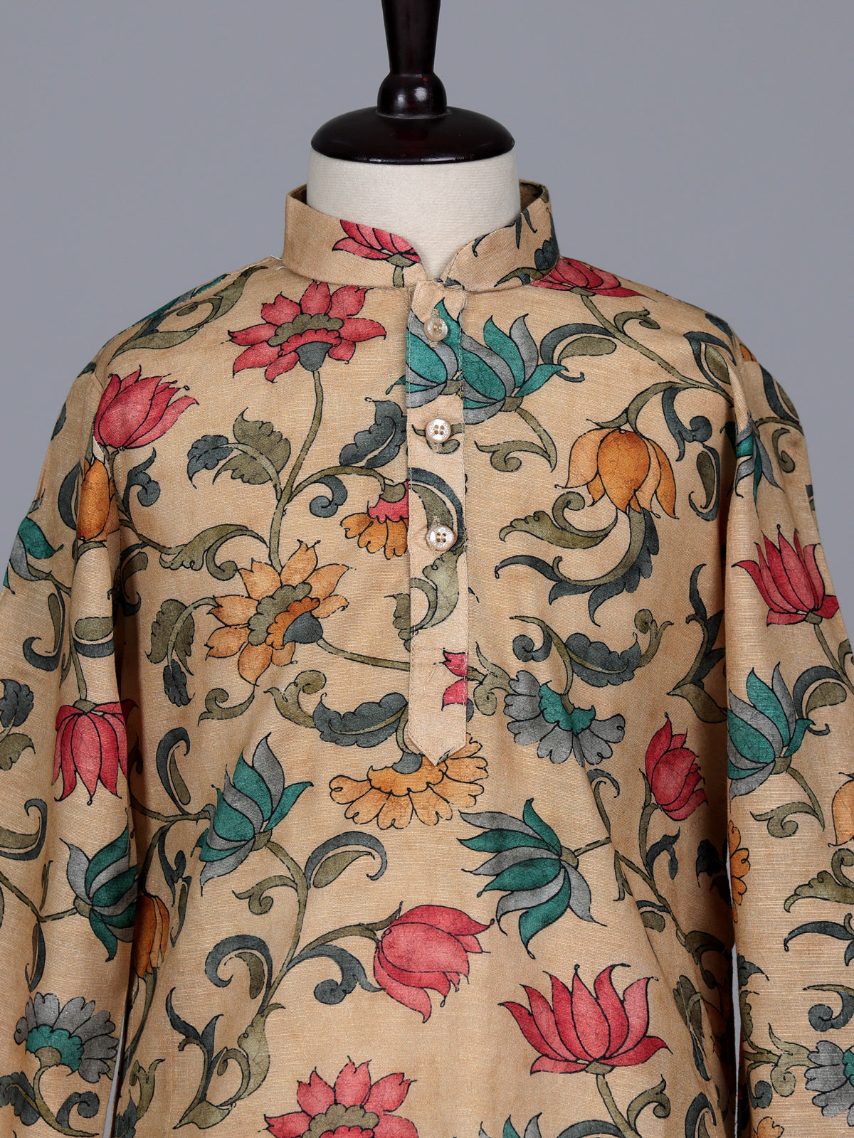 Beige boys linen silk kurta suit with digital floral print