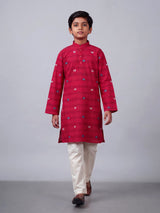 Hot pink boys cotton blend kurta suit with stripe pattern