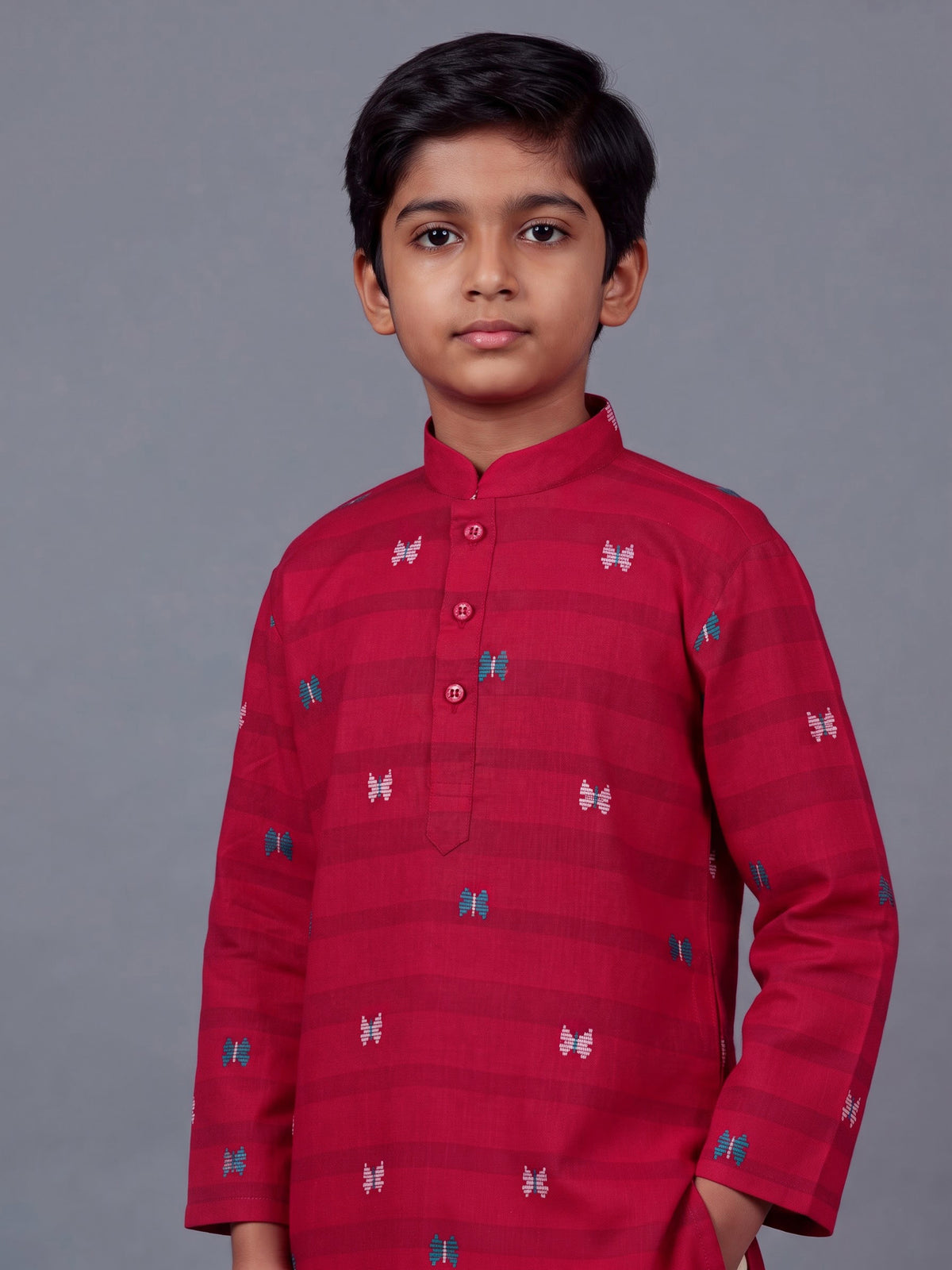 Hot pink boys cotton blend kurta suit with stripe pattern