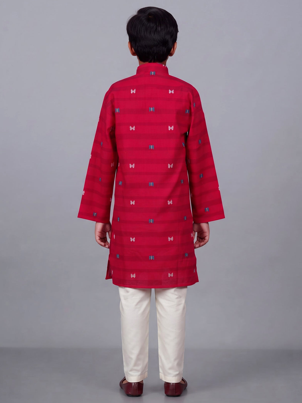 Hot pink boys cotton blend kurta suit with stripe pattern