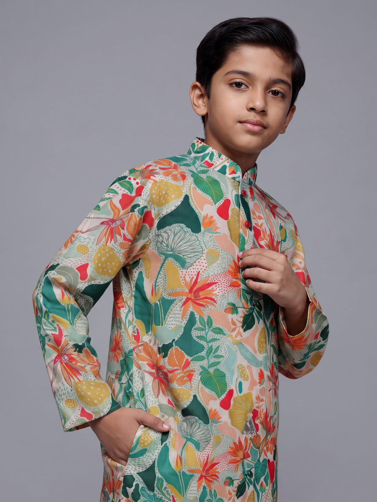 Multicolor boys cotton silk kurta suit with botanical floral print