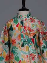 Multicolor boys cotton silk kurta suit with botanical floral print