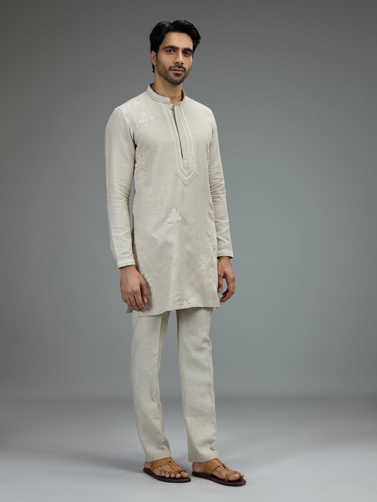Light grey elegant mens kurta pajama with botanical embroidery