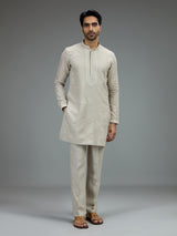 Light grey elegant mens kurta pajama with botanical embroidery