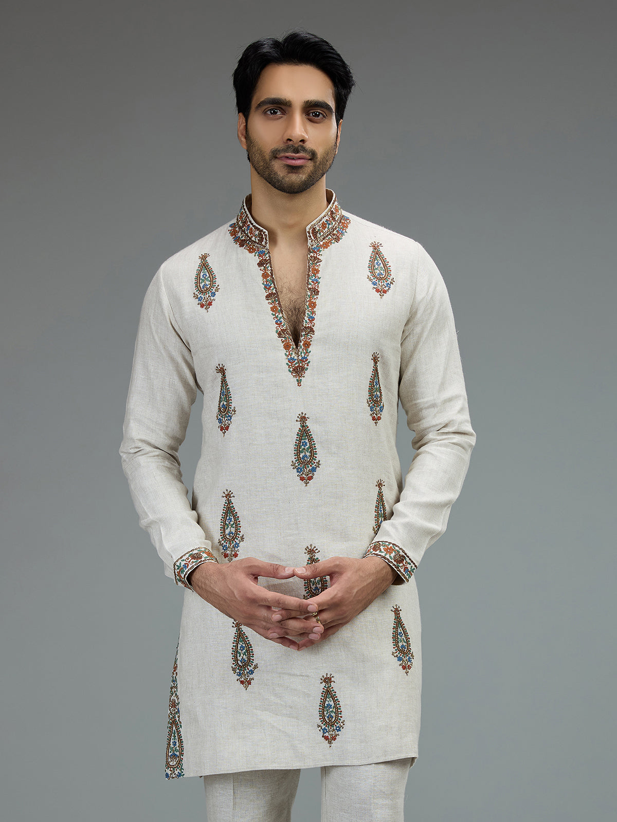 White classic mens kurta pajama with heritage embroidery