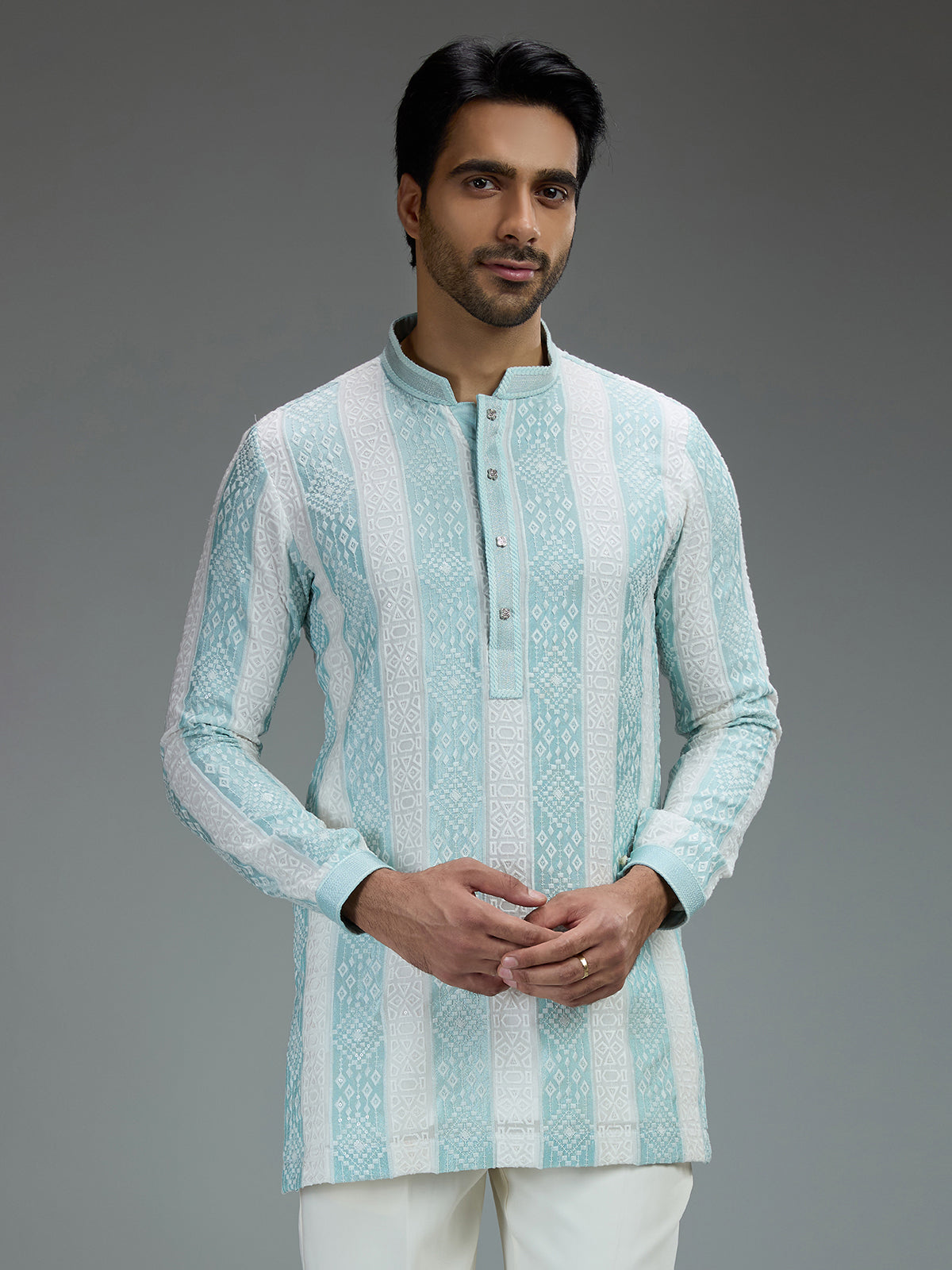 White and green charming mens kurta pajama with threadwork