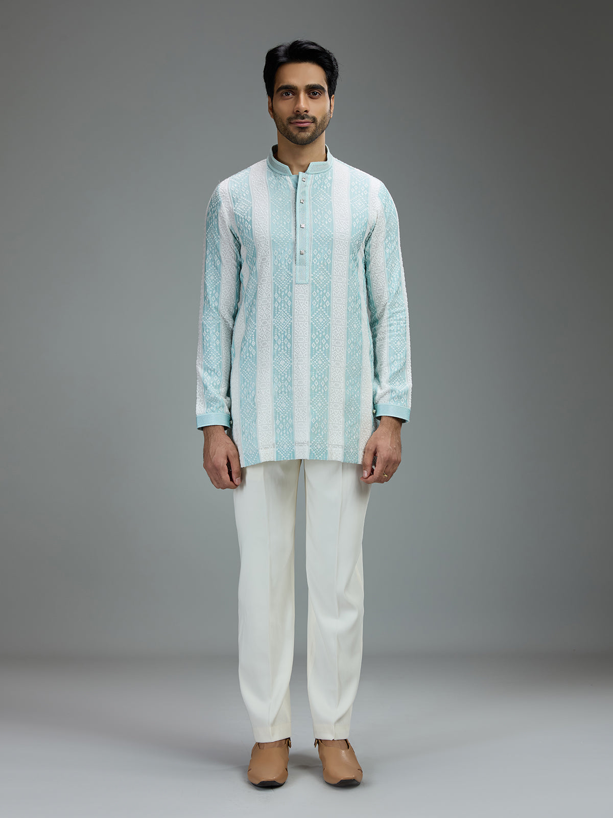 White and green charming mens kurta pajama with threadwork