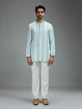 White and green charming mens kurta pajama with threadwork