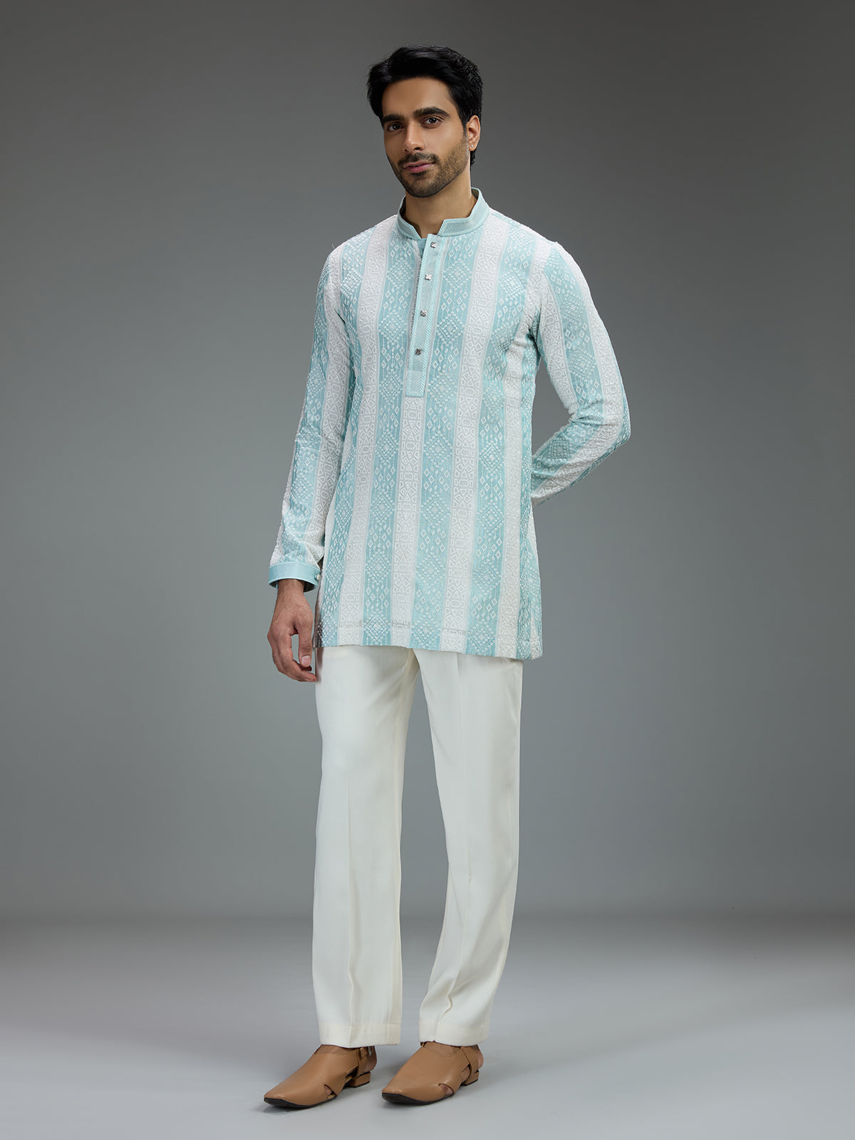 White and green charming mens kurta pajama with threadwork