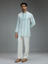 White and green charming mens kurta pajama with threadwork