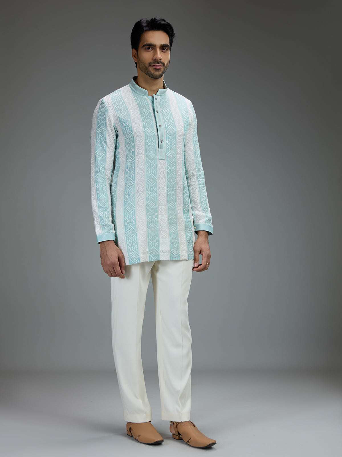 White and green charming mens kurta pajama with threadwork