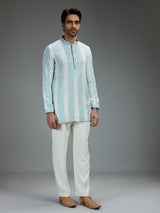 White and green charming mens kurta pajama with threadwork