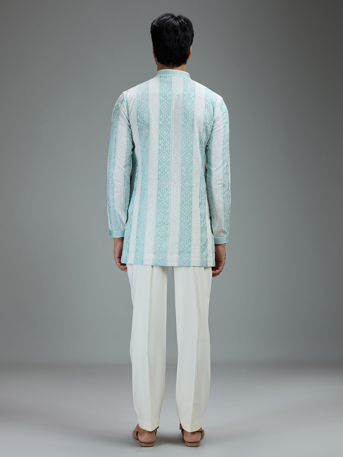 White and green charming mens kurta pajama with threadwork