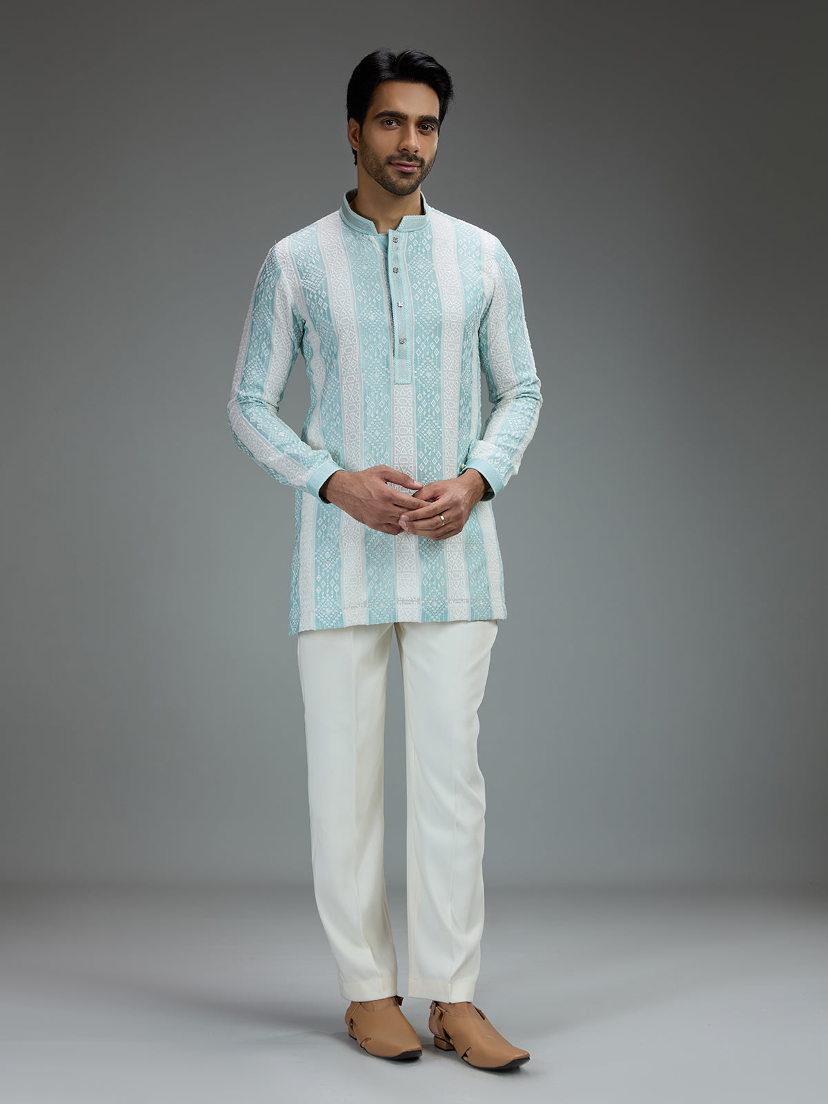 White and green charming mens kurta pajama with threadwork