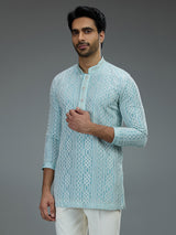 Sky blue smart mens kurta suit with geometric resham work