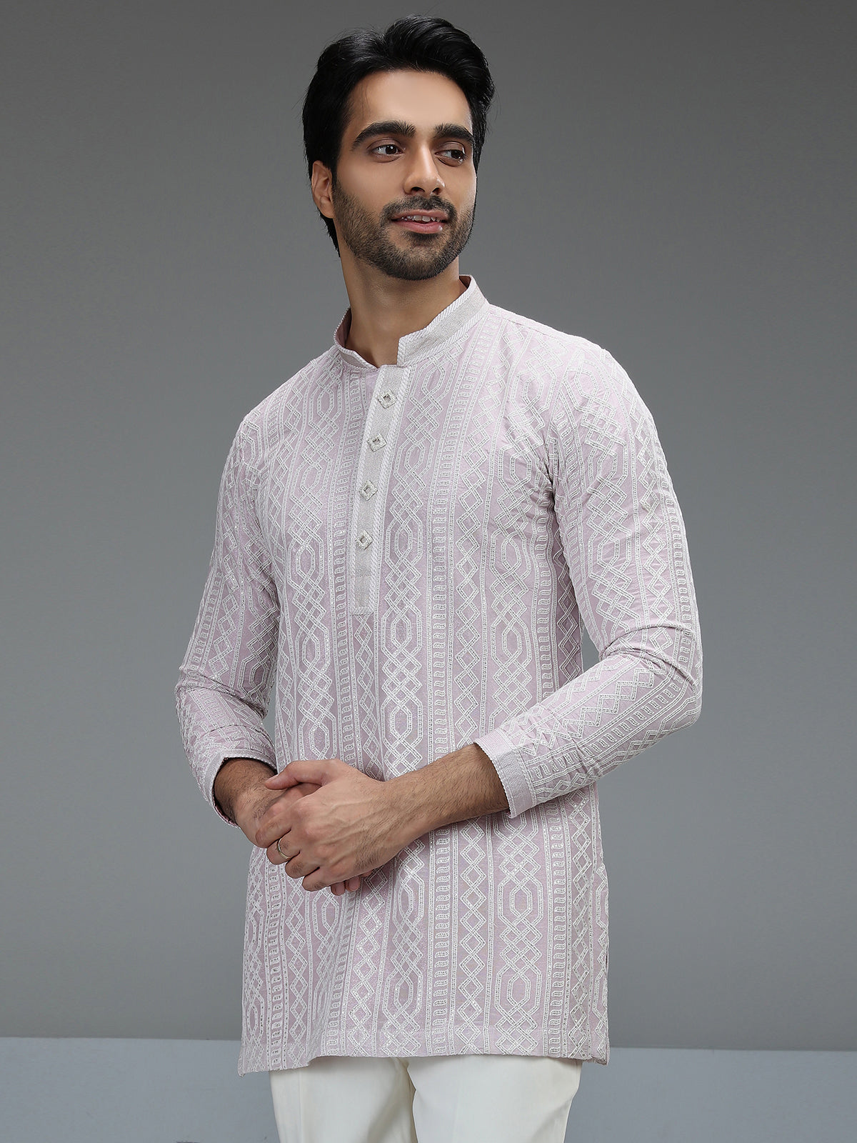 Lavender refined mens kurta pajama with geometric detailing