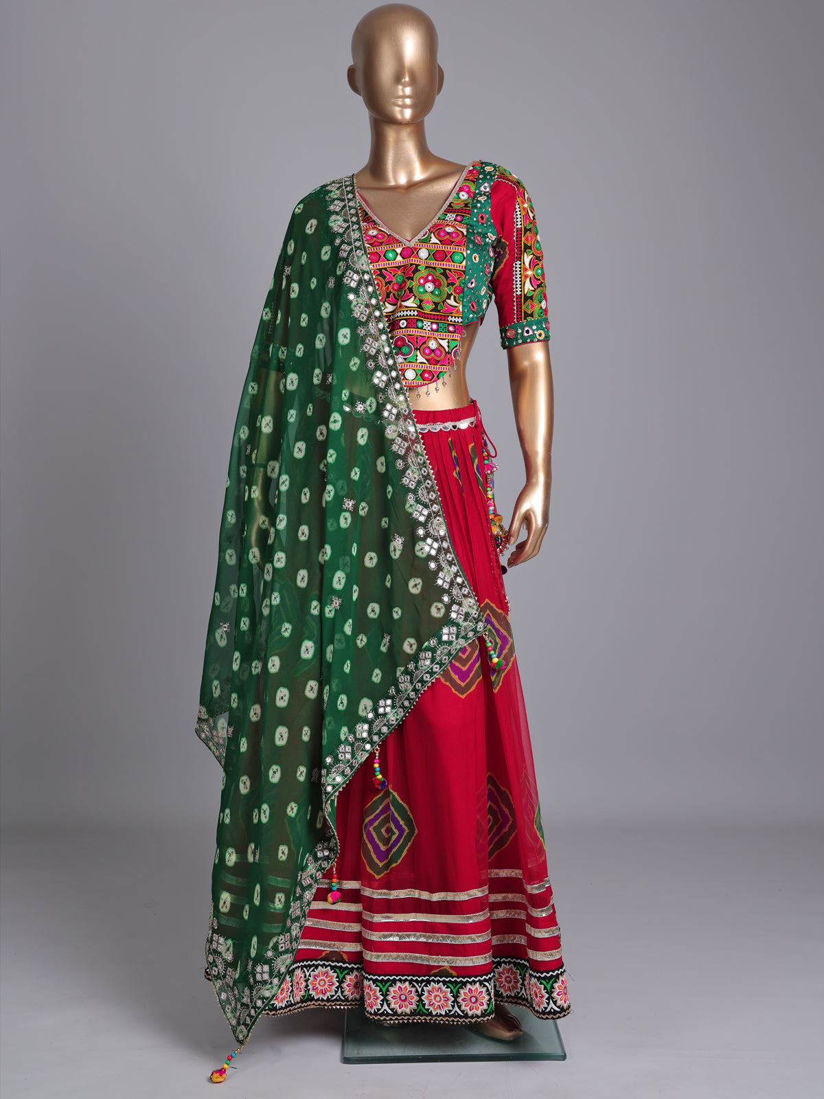 Red printed georgette Navratri lehenga choli with sparkling detailing