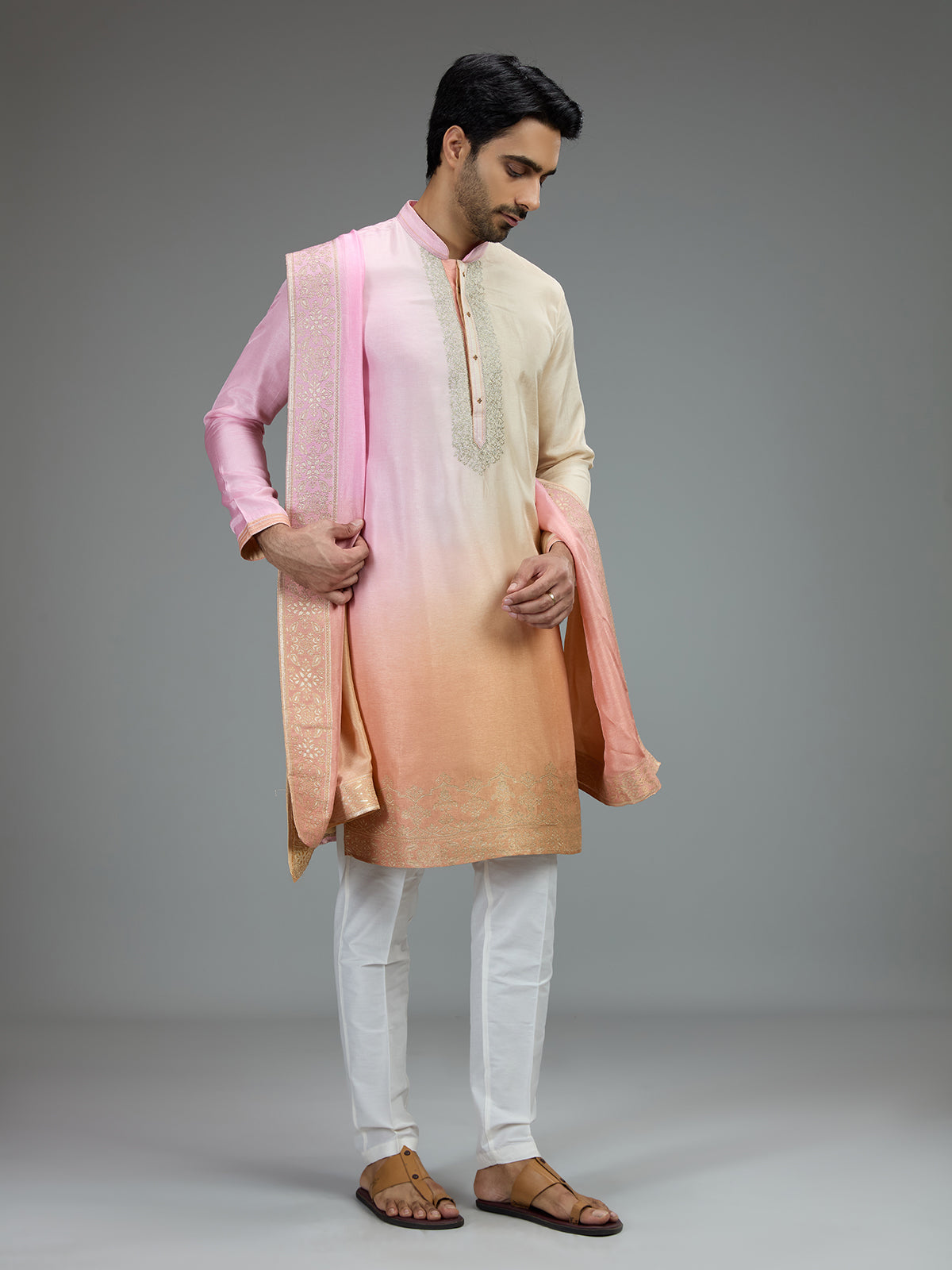 Pink and yellow festive mens kurta suit with zardosi work