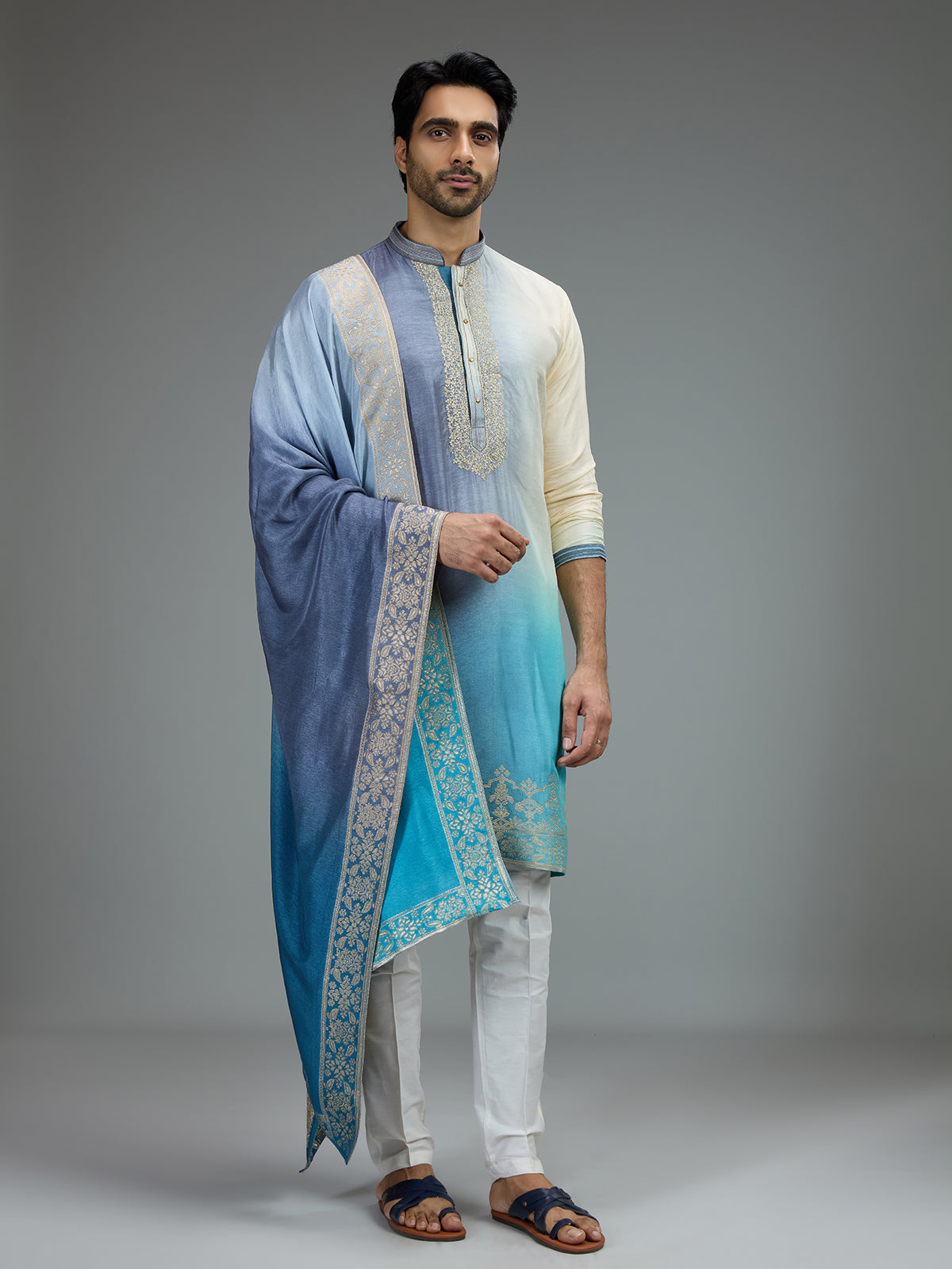 Blue and navy blue elegant mens kurta pajama with zardosi