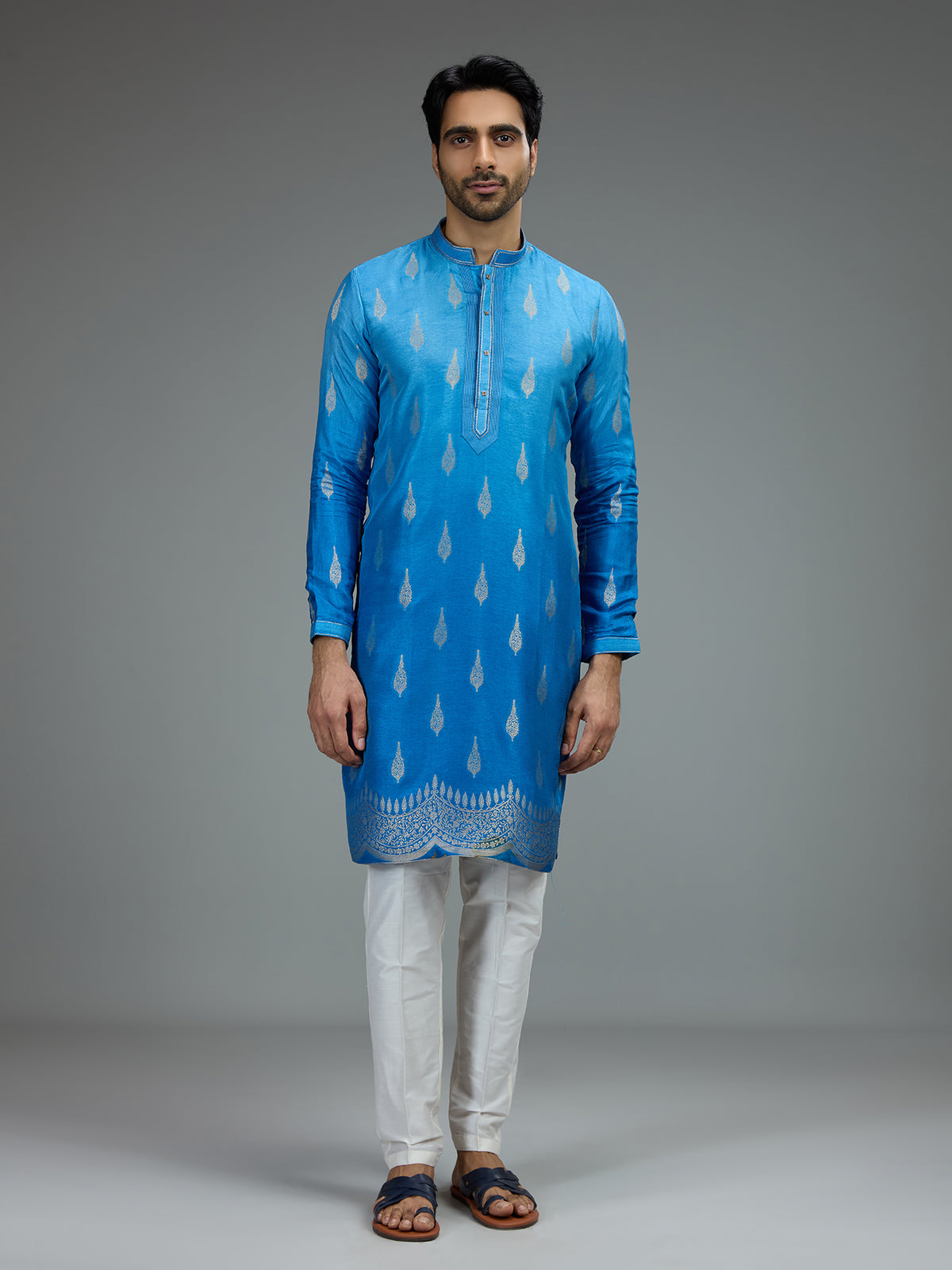 Blue ombre zari kurta pajama for men