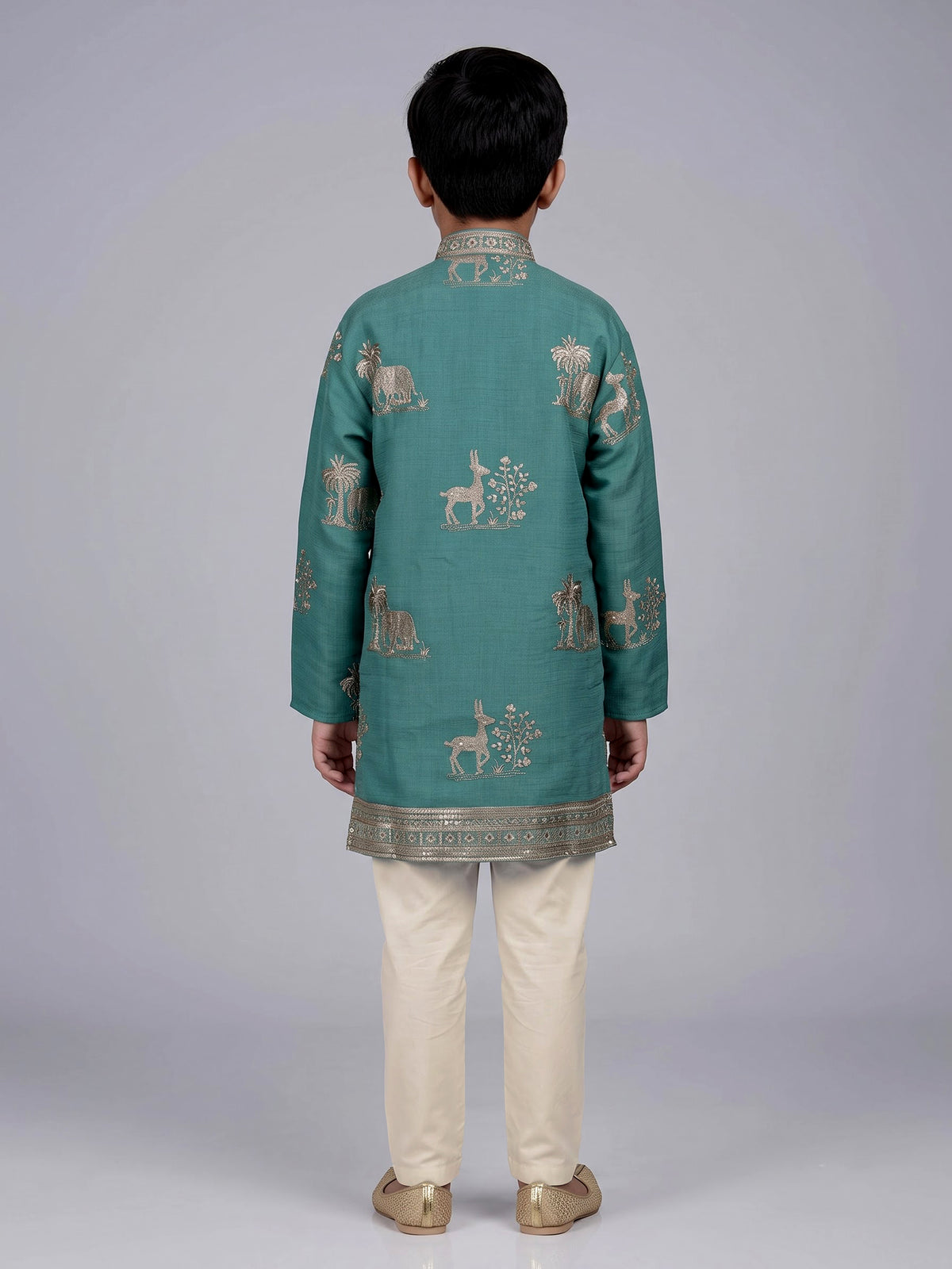 Green boys silk kurta suit with deer elephant embroidery work