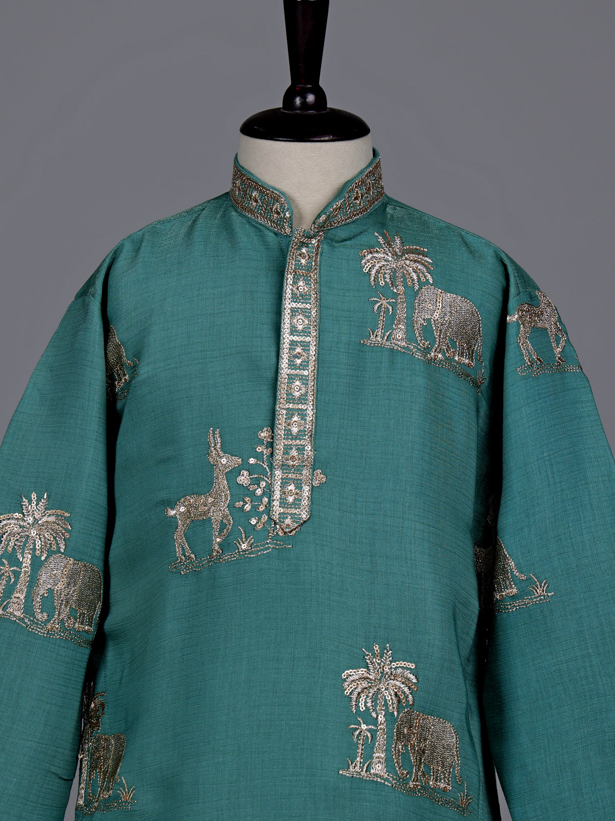 Green boys silk kurta suit with deer elephant embroidery work