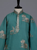 Green boys silk kurta suit with deer elephant embroidery work