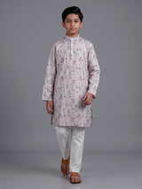 Beige boys linen silk kurta suit with floral thread motifs