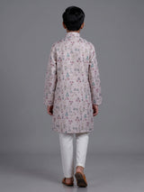 Beige boys linen silk kurta suit with floral thread motifs