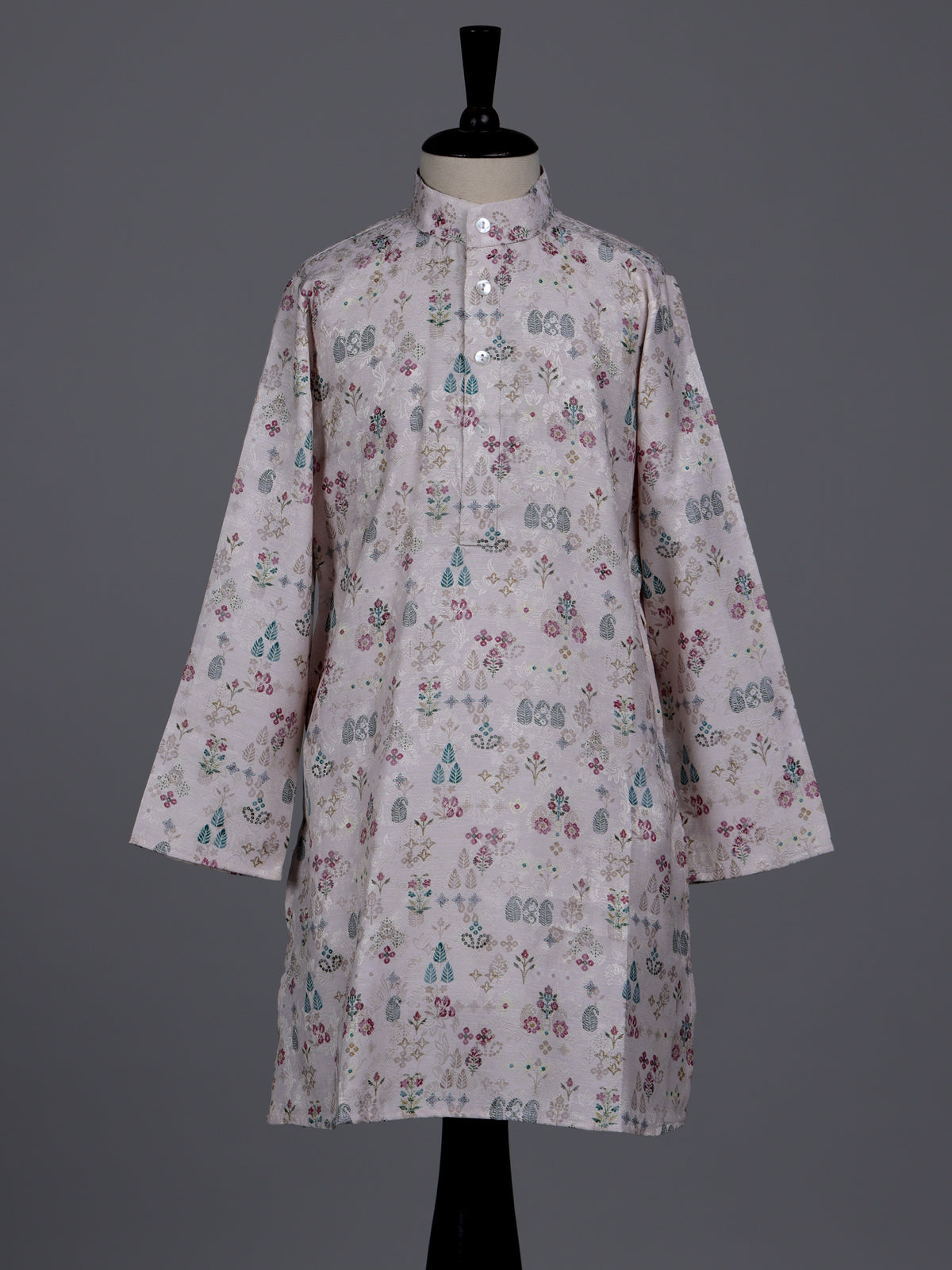 Beige boys linen silk kurta suit with floral thread motifs