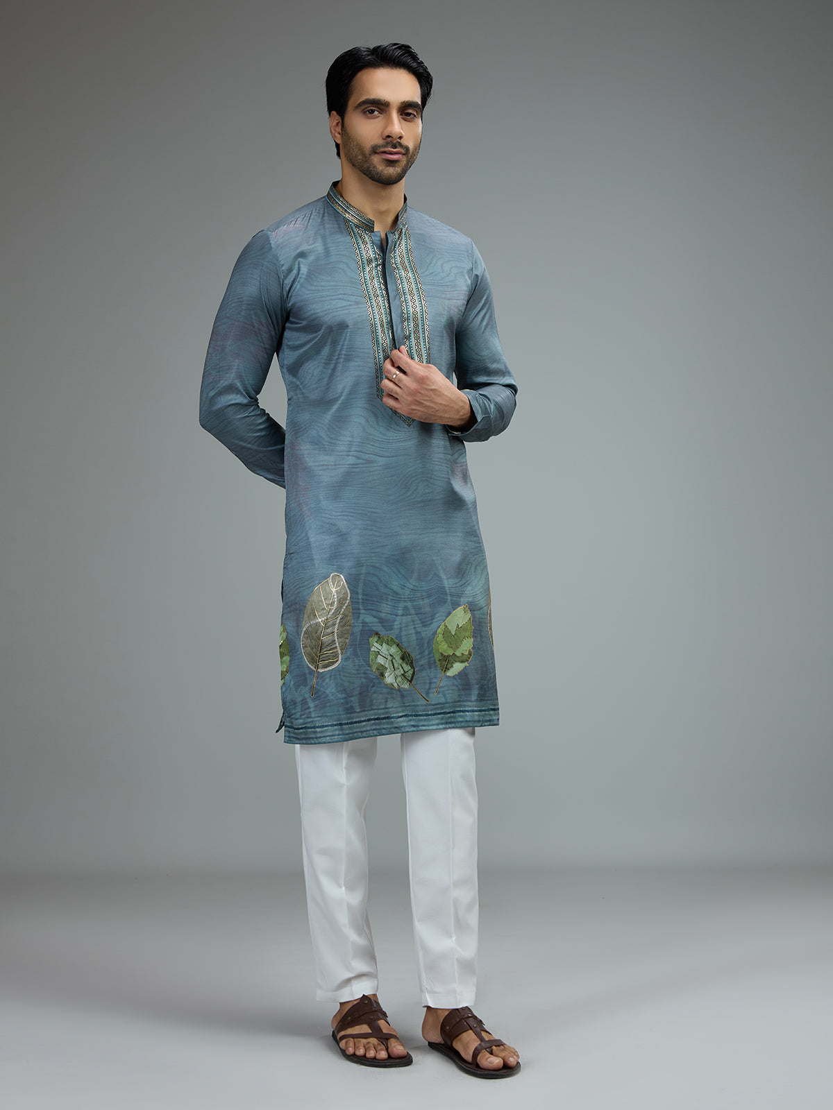 Pastel grey printed gota kurta suit for men
