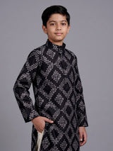 Black boys cotton kurta suit with contemporary printed detailing
